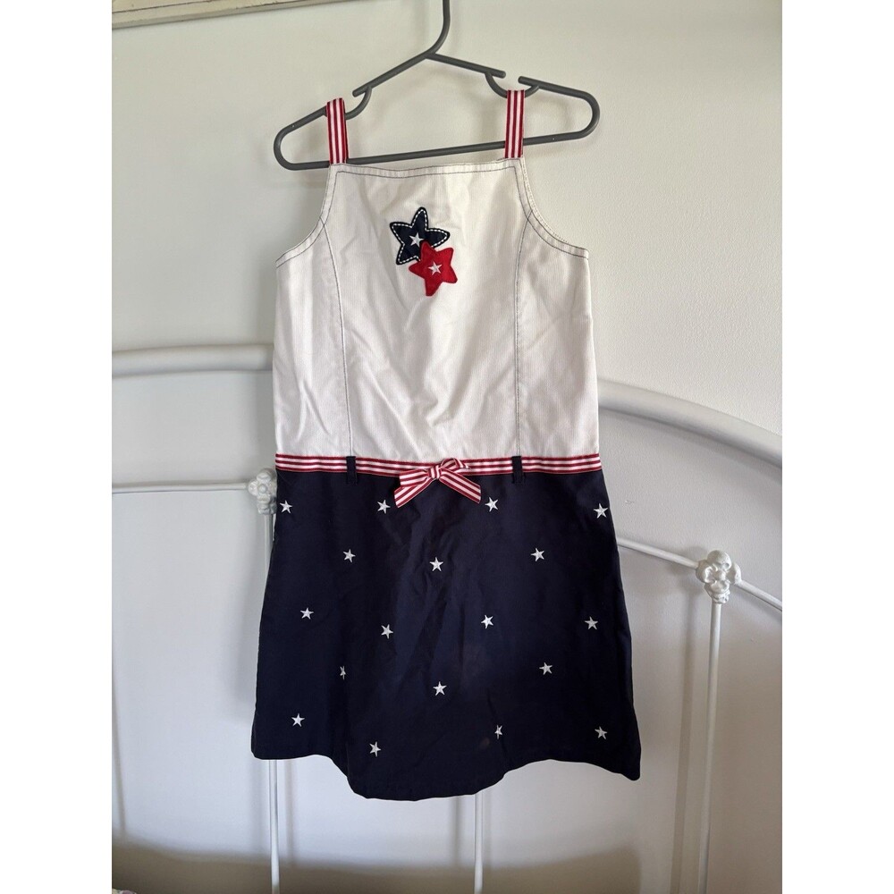 Vintage Girls Patriotic Dress Embroidery Flag Red White Blue Americana 90's